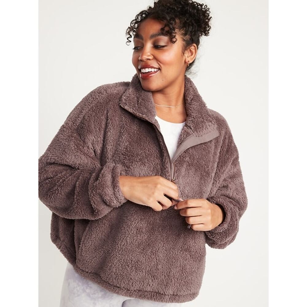 Old Navy Jacket Teddy Sherpa High Neck Half Zip Sweatshirt Mythical Brown NWT 4X - Picture 1 of 6